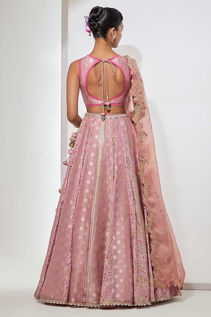 Pink Silk Brocade Embroidered Wedding Lehenga Set by aum ashima & asit at Pernia's Pop Up Shop