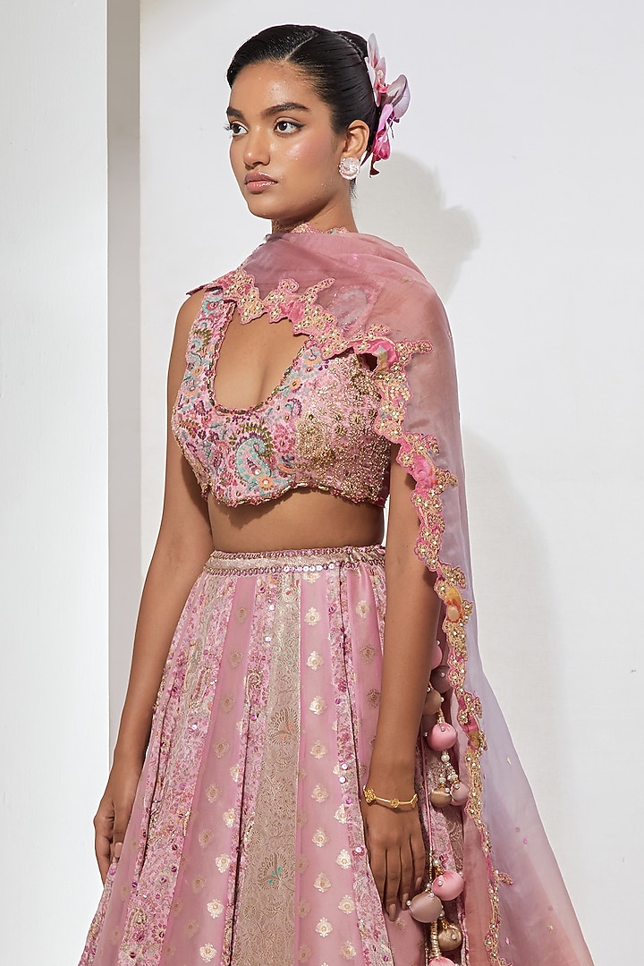 Pink Silk Brocade Embroidered Wedding Lehenga Set by aum ashima & asit at Pernia's Pop Up Shop
