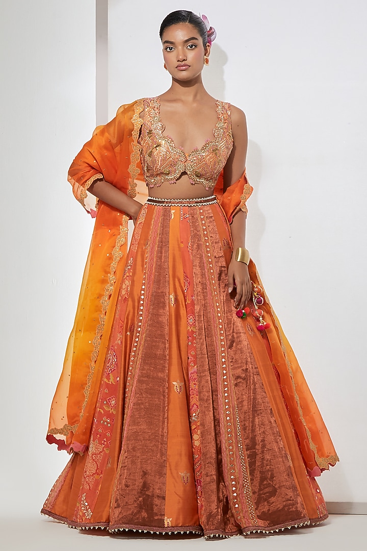 Sunset Orange Silk Tissue Resham Embroidered Wedding Lehenga Set by aum ashima & asit at Pernia's Pop Up Shop