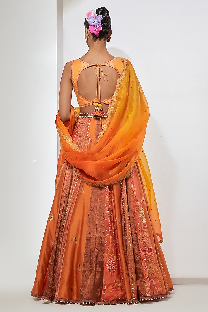 Sunset Orange Silk Tissue Resham Embroidered Wedding Lehenga Set by aum ashima & asit at Pernia's Pop Up Shop