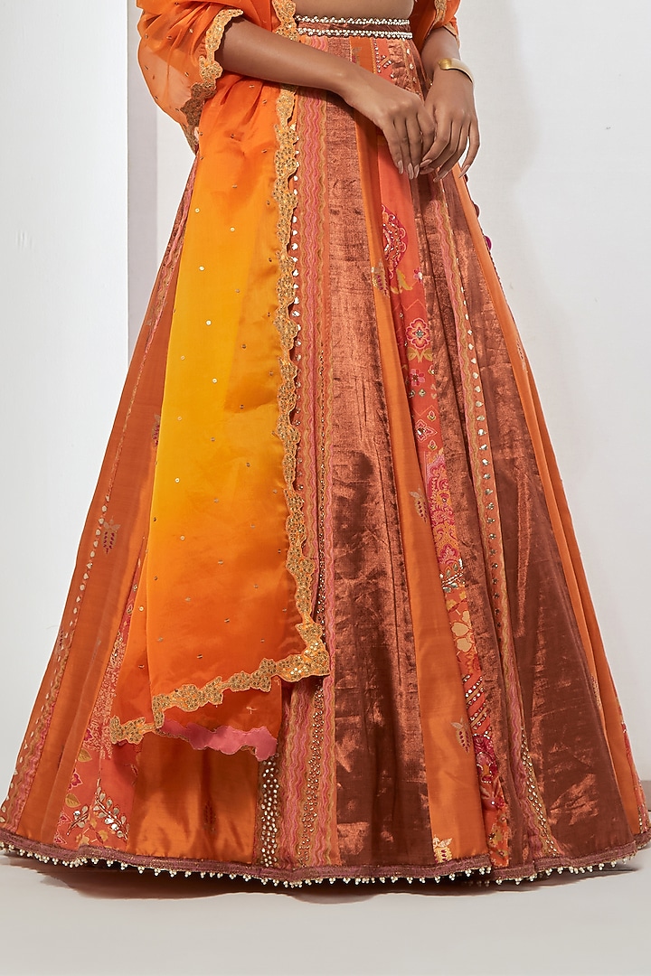 Sunset Orange Silk Tissue Resham Embroidered Wedding Lehenga Set by aum ashima & asit at Pernia's Pop Up Shop