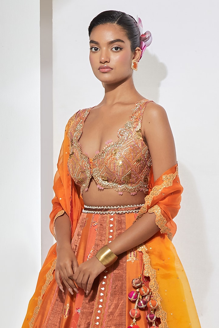 Sunset Orange Silk Tissue Resham Embroidered Wedding Lehenga Set by aum ashima & asit at Pernia's Pop Up Shop