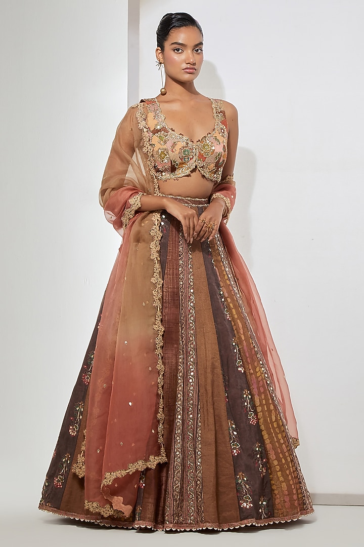 Bronze Silk Tissue Sequin Embroidered Panelled Wedding Lehenga Set by aum ashima & asit at Pernia's Pop Up Shop