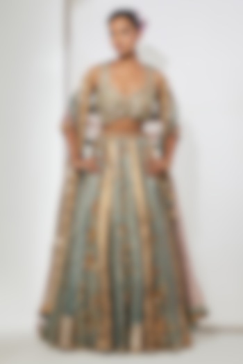 Aqua Silk Brocade Resham Embroidered Bridal Lehenga Set by aum ashima & asit at Pernia's Pop Up Shop