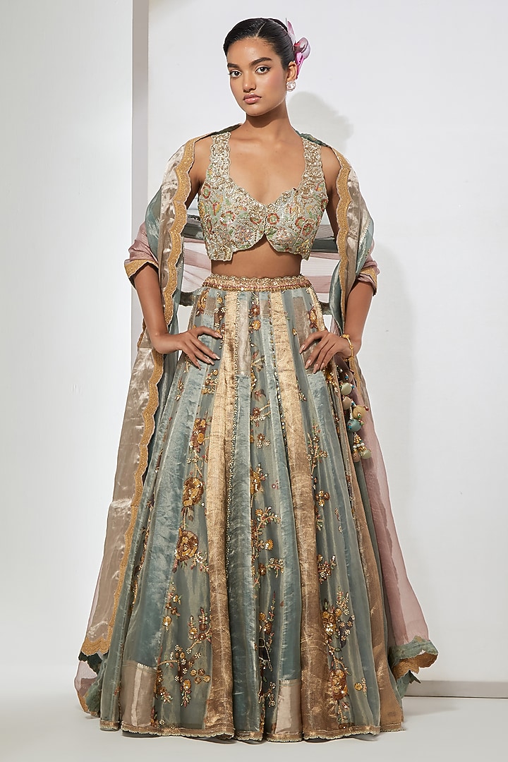 Aqua Silk Brocade Resham Embroidered Bridal Lehenga Set by aum ashima & asit at Pernia's Pop Up Shop