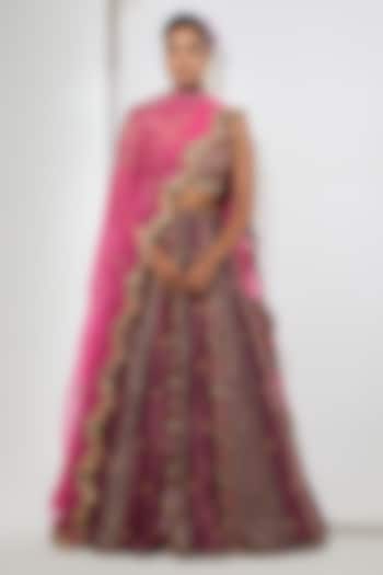 Wine Silk Tissue Zardosi Embroidered Bridal Lehenga Set by aum ashima & asit at Pernia's Pop Up Shop
