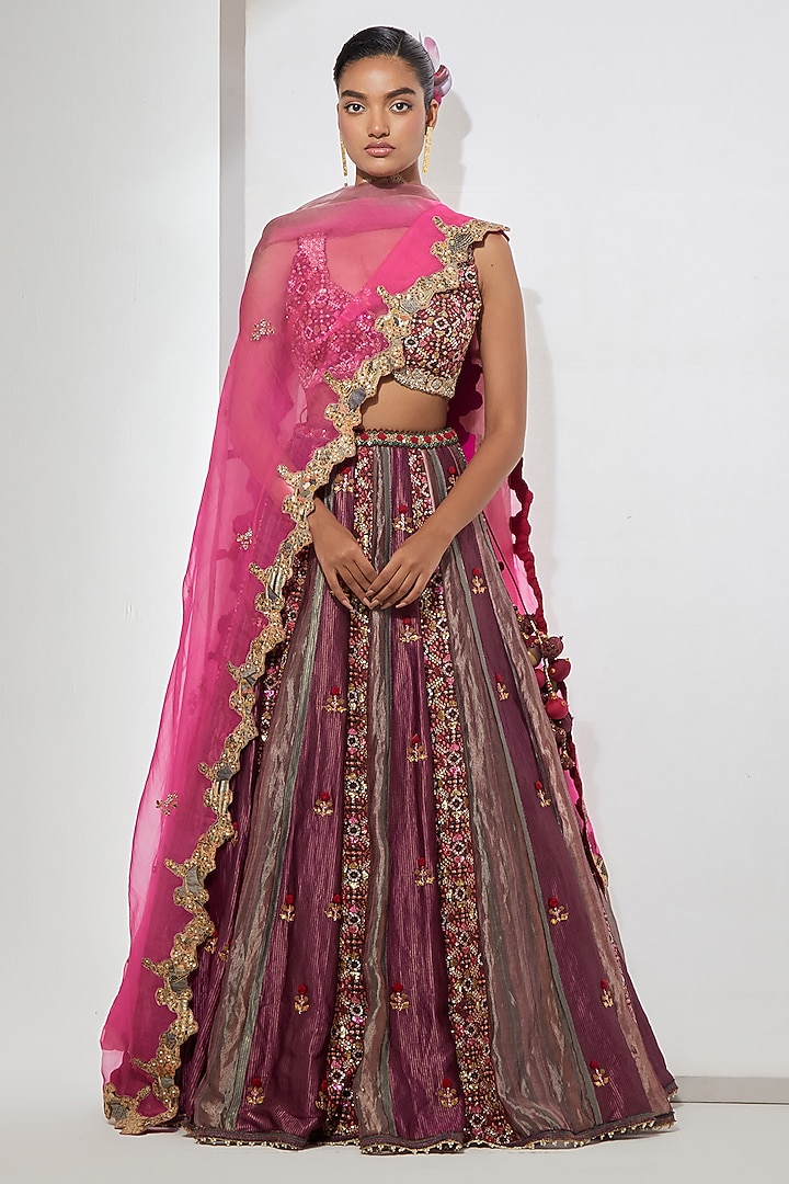 Wine Silk Tissue Zardosi Embroidered Bridal Lehenga Set by aum ashima & asit at Pernia's Pop Up Shop