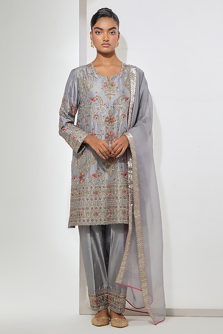 Grey Silk Banarasi Brocade Floral Embroidered Kurta Set by aum ashima & asit at Pernia's Pop Up Shop