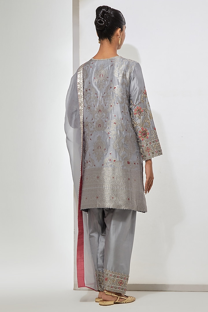 Grey Silk Banarasi Brocade Floral Embroidered Kurta Set by aum ashima & asit at Pernia's Pop Up Shop