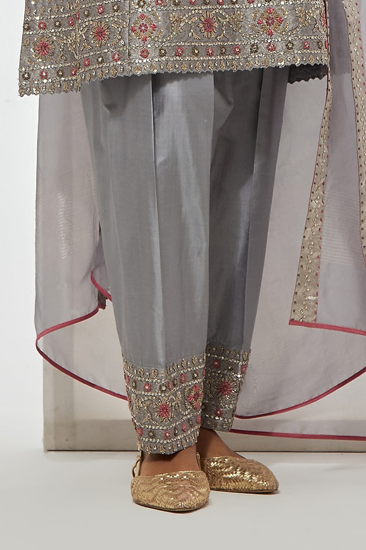 Grey Silk Banarasi Brocade Floral Embroidered Kurta Set by aum ashima & asit at Pernia's Pop Up Shop