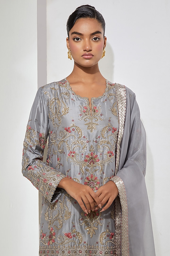 Grey Silk Banarasi Brocade Floral Embroidered Kurta Set by aum ashima & asit at Pernia's Pop Up Shop