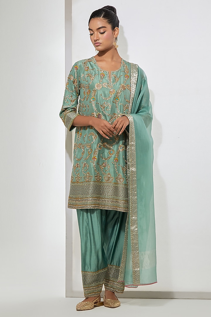 Rain Storm Blue Silk Banarasi Floral Embroidered Kurta Set by aum ashima & asit at Pernia's Pop Up Shop