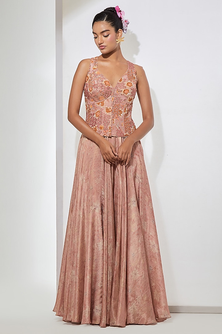 Blush Pink Brocade Floral Embellished Skirt Set by aum ashima & asit at Pernia's Pop Up Shop
