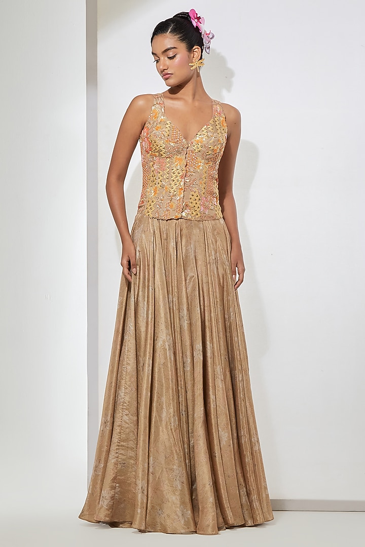 Champagne Gold Brocade Floral Embellished Skirt Set by aum ashima & asit at Pernia's Pop Up Shop