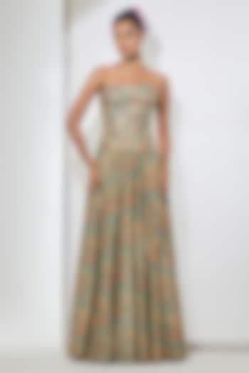 Aqua Shimmer Floral Foil Printed Skirt Set by aum ashima & asit at Pernia's Pop Up Shop