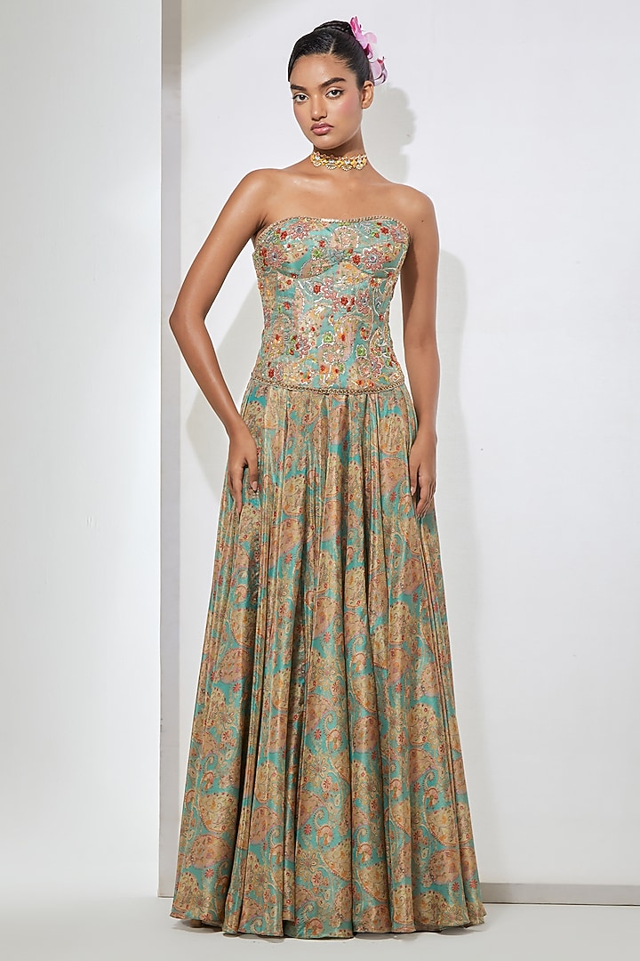 Aqua Shimmer Floral Foil Printed Skirt Set by aum ashima & asit at Pernia's Pop Up Shop