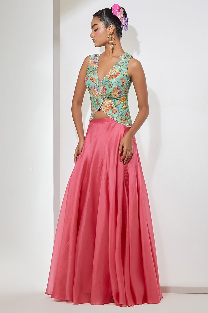 Coral Pink Organza Skirt Set by aum ashima & asit at Pernia's Pop Up Shop