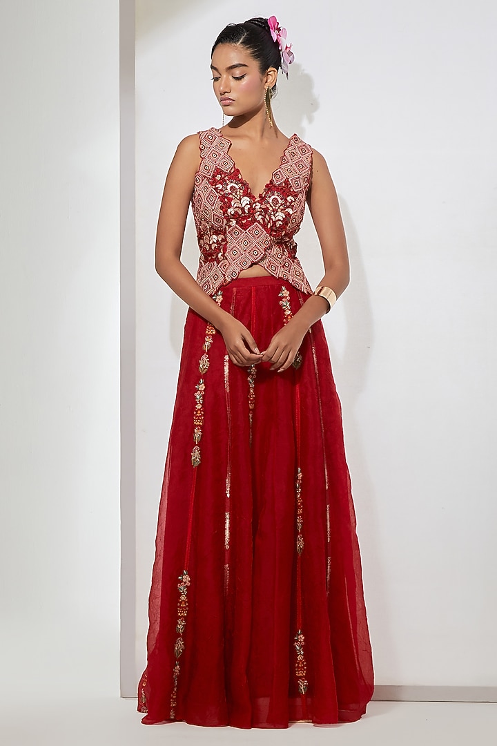Crimson Red Crush Silk Shimmering Skirt Set by aum ashima & asit at Pernia's Pop Up Shop
