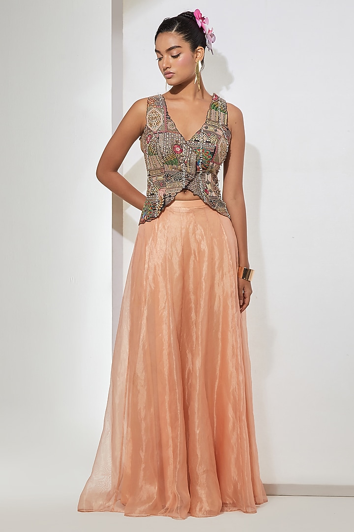Soft Blush Peach Organza Skirt Set by aum ashima & asit at Pernia's Pop Up Shop