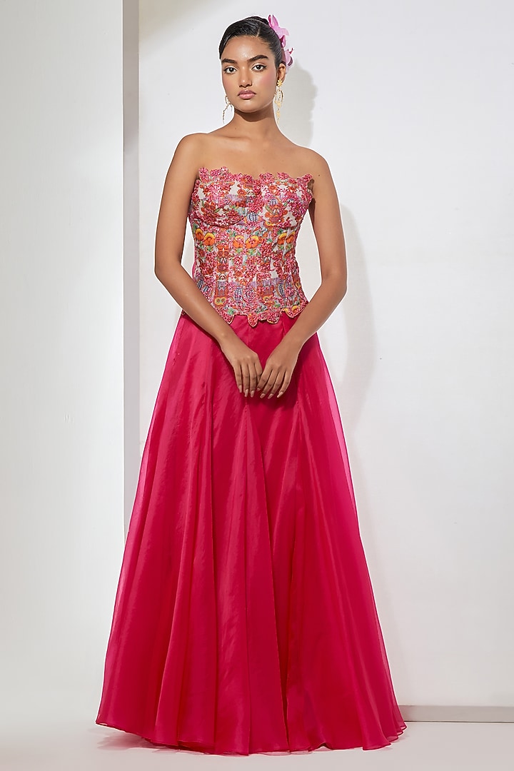 Pink Organza Flared Skirt Set. by aum ashima & asit at Pernia's Pop Up Shop