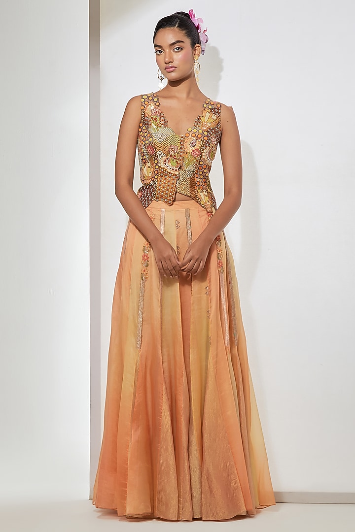 Blush Peach Organza Layered Skirt Set. by aum ashima & asit at Pernia's Pop Up Shop