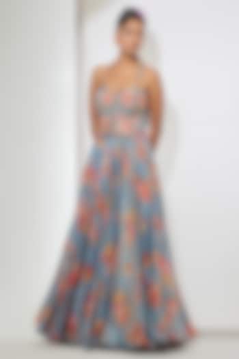 Azure Blue Shimmer Floral Foil Printed Skirt Set by aum ashima & asit at Pernia's Pop Up Shop