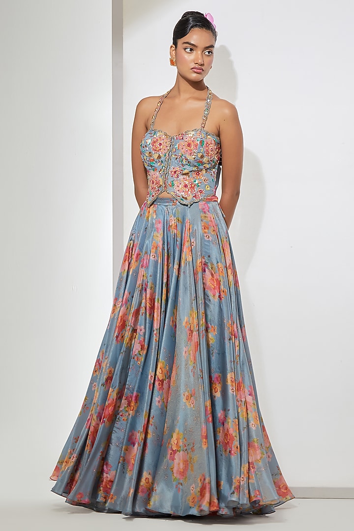 Azure Blue Shimmer Floral Foil Printed Skirt Set by aum ashima & asit at Pernia's Pop Up Shop