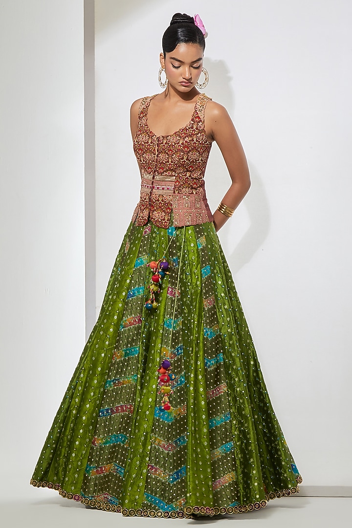 Green Banarasi Bandhani Silk Flared Skirt Set by aum ashima & asit at Pernia's Pop Up Shop