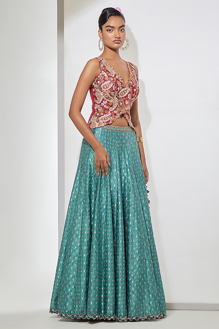 Teal Banarasi Bandhani Silk Flared Skirt Set by aum ashima & asit at Pernia's Pop Up Shop