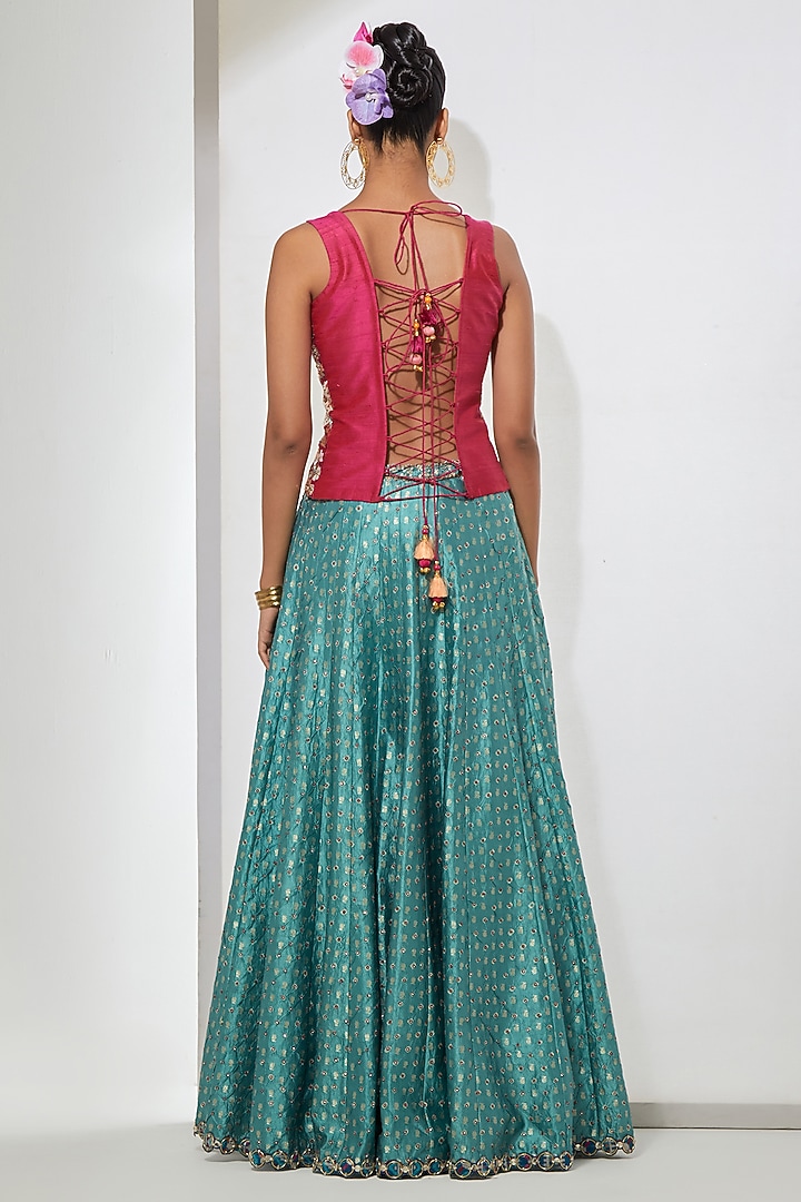Teal Banarasi Bandhani Silk Flared Skirt Set by aum ashima & asit at Pernia's Pop Up Shop