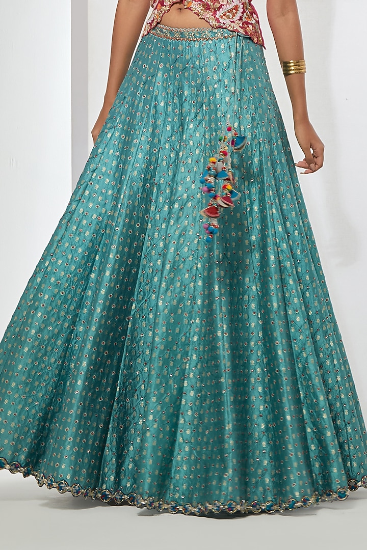 Teal Banarasi Bandhani Silk Flared Skirt Set by aum ashima & asit at Pernia's Pop Up Shop