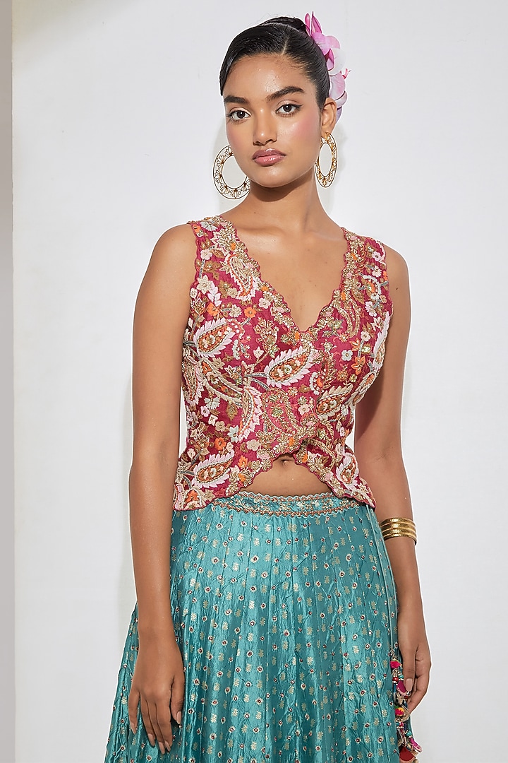 Teal Banarasi Bandhani Silk Flared Skirt Set by aum ashima & asit at Pernia's Pop Up Shop
