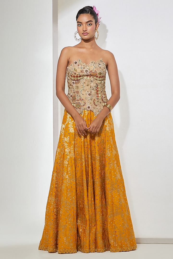 Mustard Tissue Bandhani Silk Skirt Set by aum ashima & asit at Pernia's Pop Up Shop