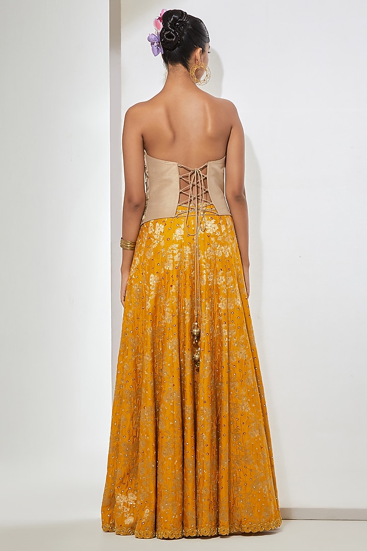 Mustard Tissue Bandhani Silk Skirt Set by aum ashima & asit at Pernia's Pop Up Shop