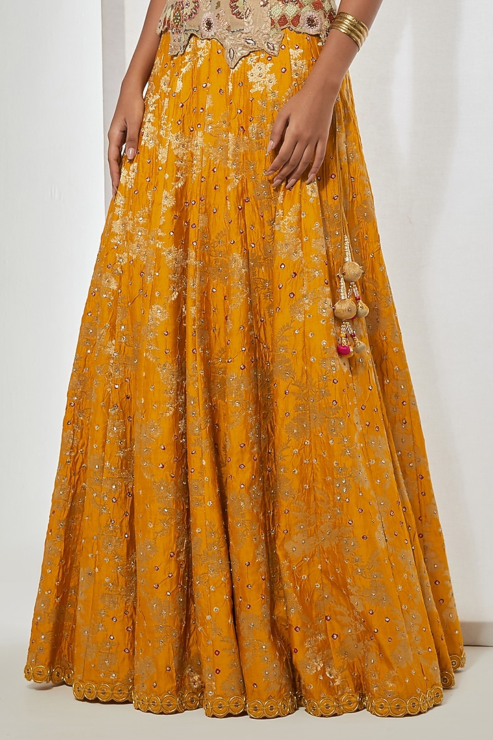 Mustard Tissue Bandhani Silk Skirt Set by aum ashima & asit at Pernia's Pop Up Shop