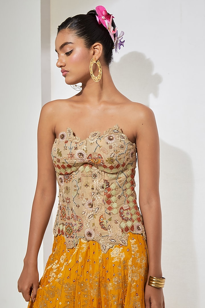 Mustard Tissue Bandhani Silk Skirt Set by aum ashima & asit at Pernia's Pop Up Shop