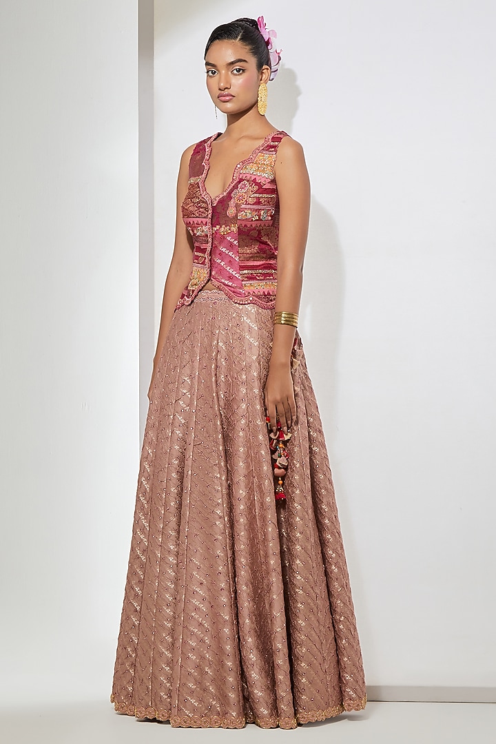 Mauve Pink Bandhani Silk Flared Skirt Set by aum ashima & asit at Pernia's Pop Up Shop