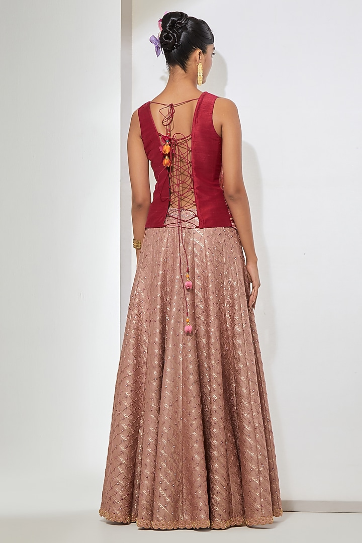 Mauve Pink Bandhani Silk Flared Skirt Set by aum ashima & asit at Pernia's Pop Up Shop