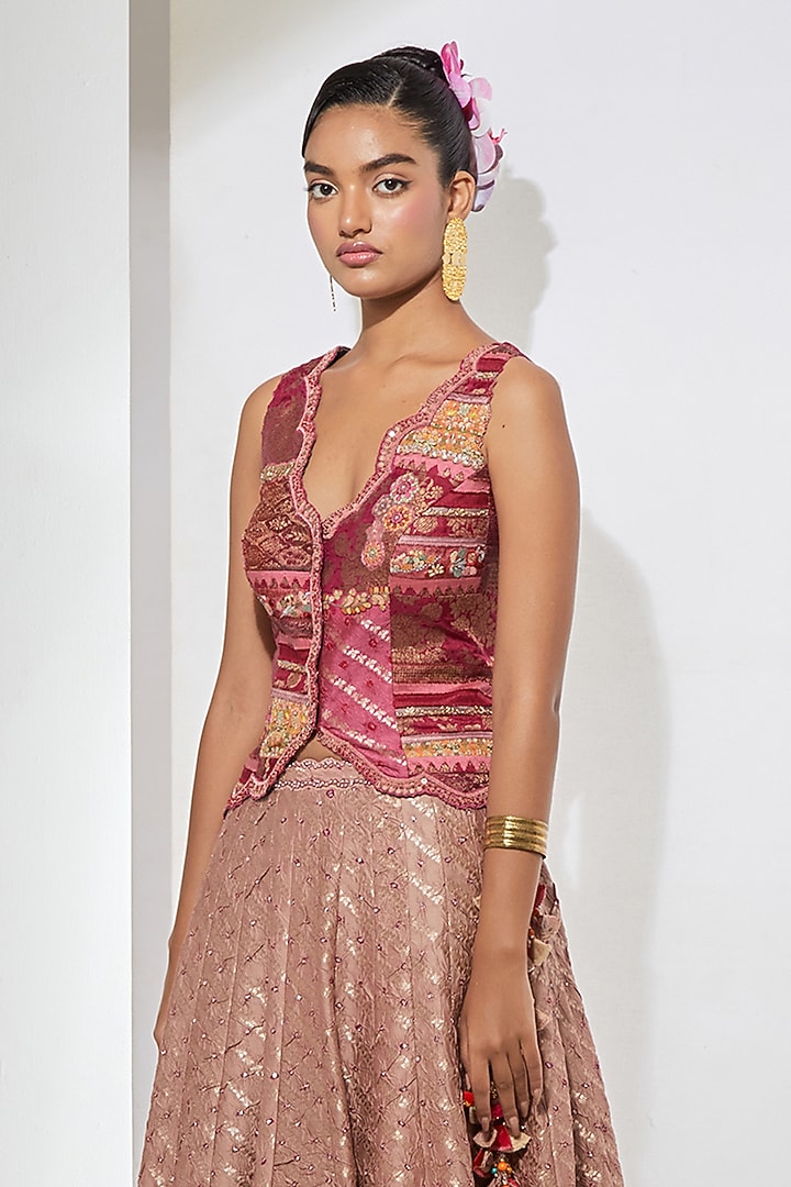 Mauve Pink Bandhani Silk Flared Skirt Set by aum ashima & asit at Pernia's Pop Up Shop