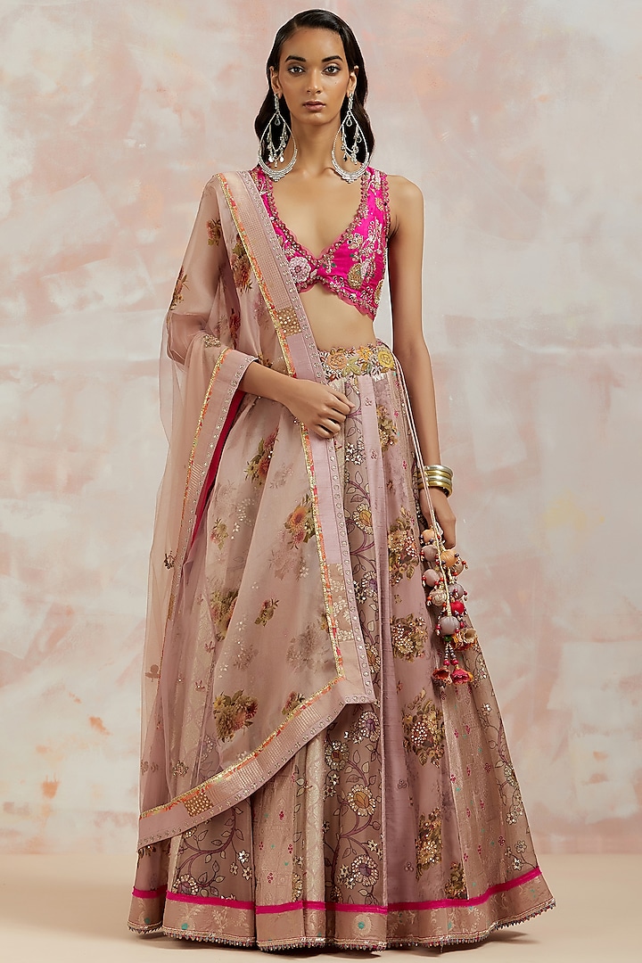 Mauve Banarasi Silk Lehenga Set by aum ashima & asit