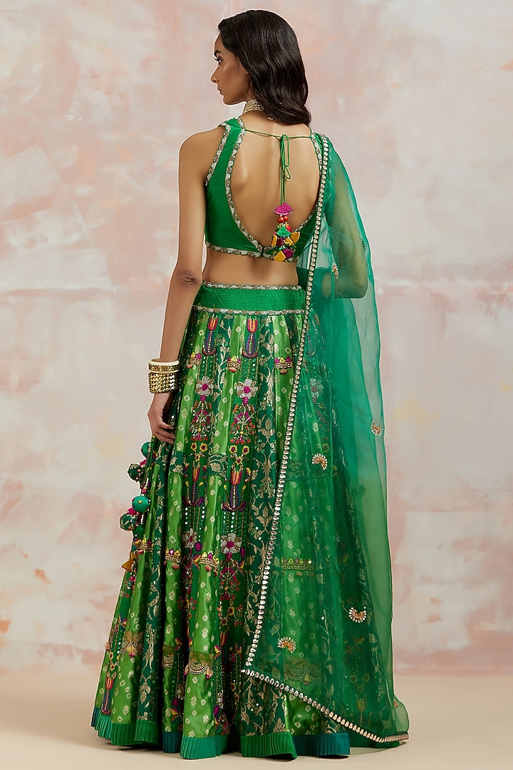 Bottle Green Silk Bridal Lehenga Set by aum ashima & asit at Pernia's Pop Up Shop