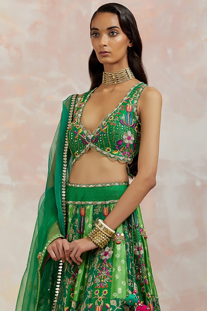 Bottle Green Silk Bridal Lehenga Set by aum ashima & asit at Pernia's Pop Up Shop