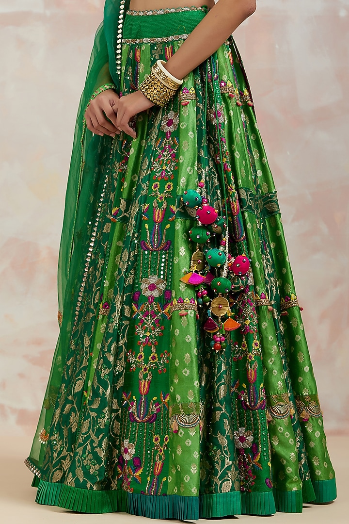 Bottle Green Silk Bridal Lehenga Set by aum ashima & asit at Pernia's Pop Up Shop