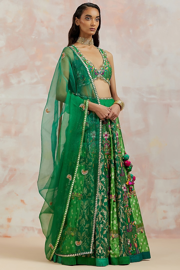 Bottle Green Silk Bridal Lehenga Set by aum ashima & asit at Pernia's Pop Up Shop