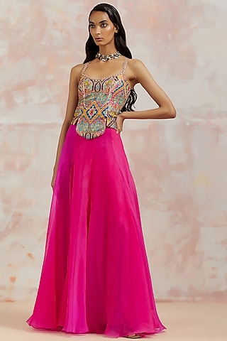 Fuchsia Organza Skirt Set by aum ashima & asit