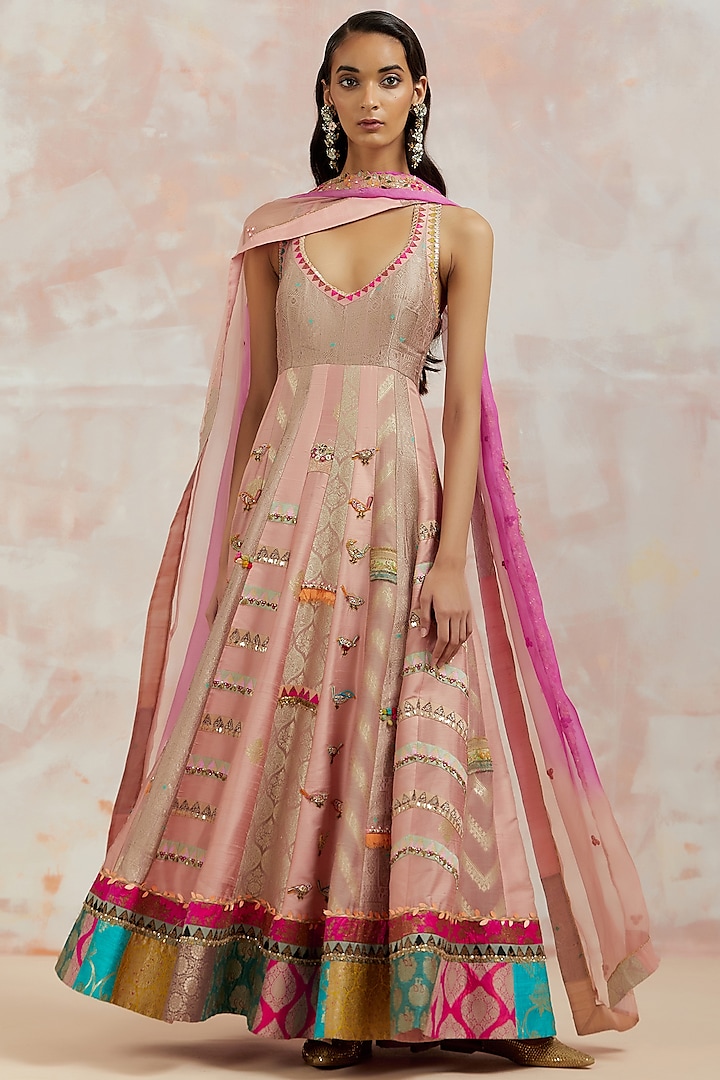 Blush Pink Silk Anarkali Set by aum ashima & asit