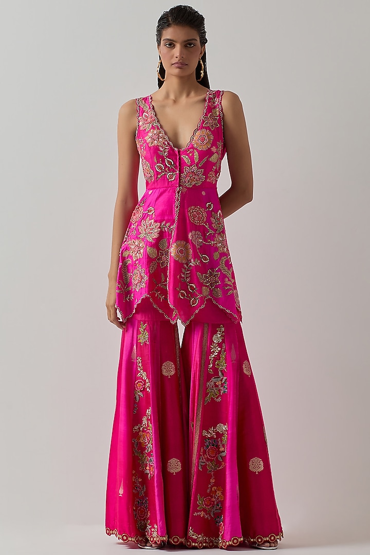 Fuchsia Silk Floral Embellished Bridal Sharara Set by aum ashima & asit at Pernia's Pop Up Shop