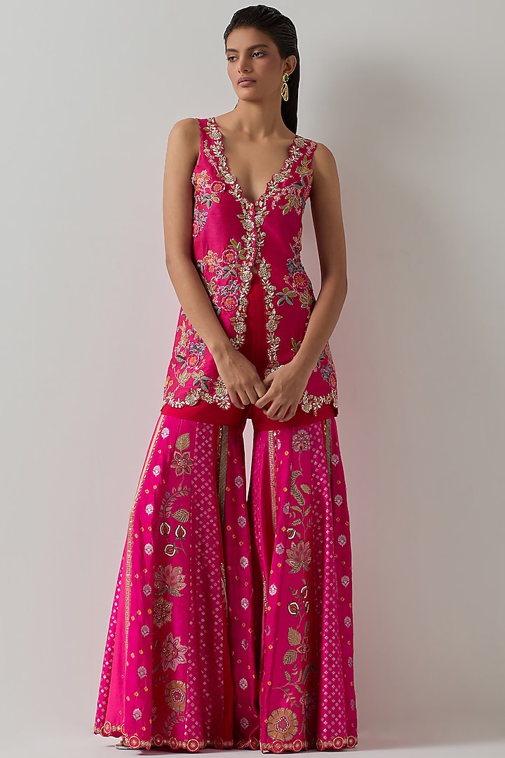 Fuchsia Silk Floral Embellished Bridal Sharara Set by aum ashima & asit at Pernia's Pop Up Shop