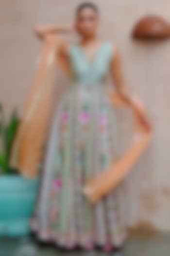 Aqua Silk Floral Embellished Wedding Anarkali Set by aum ashima & asit at Pernia's Pop Up Shop
