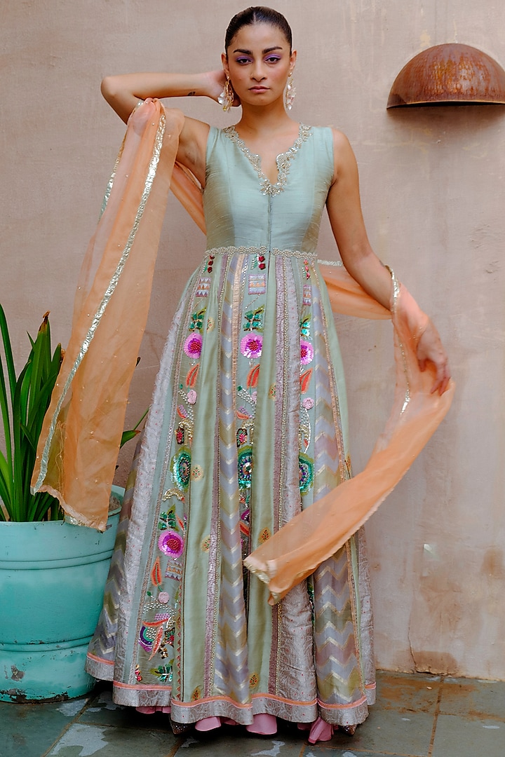 Aqua Silk Floral Embellished Wedding Anarkali Set by aum ashima & asit at Pernia's Pop Up Shop